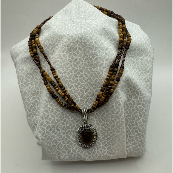 498-PTT Avon Brown Bead Necklace with Tiger Eye Color Setting Slide PreLoved - Picture 1 of 9